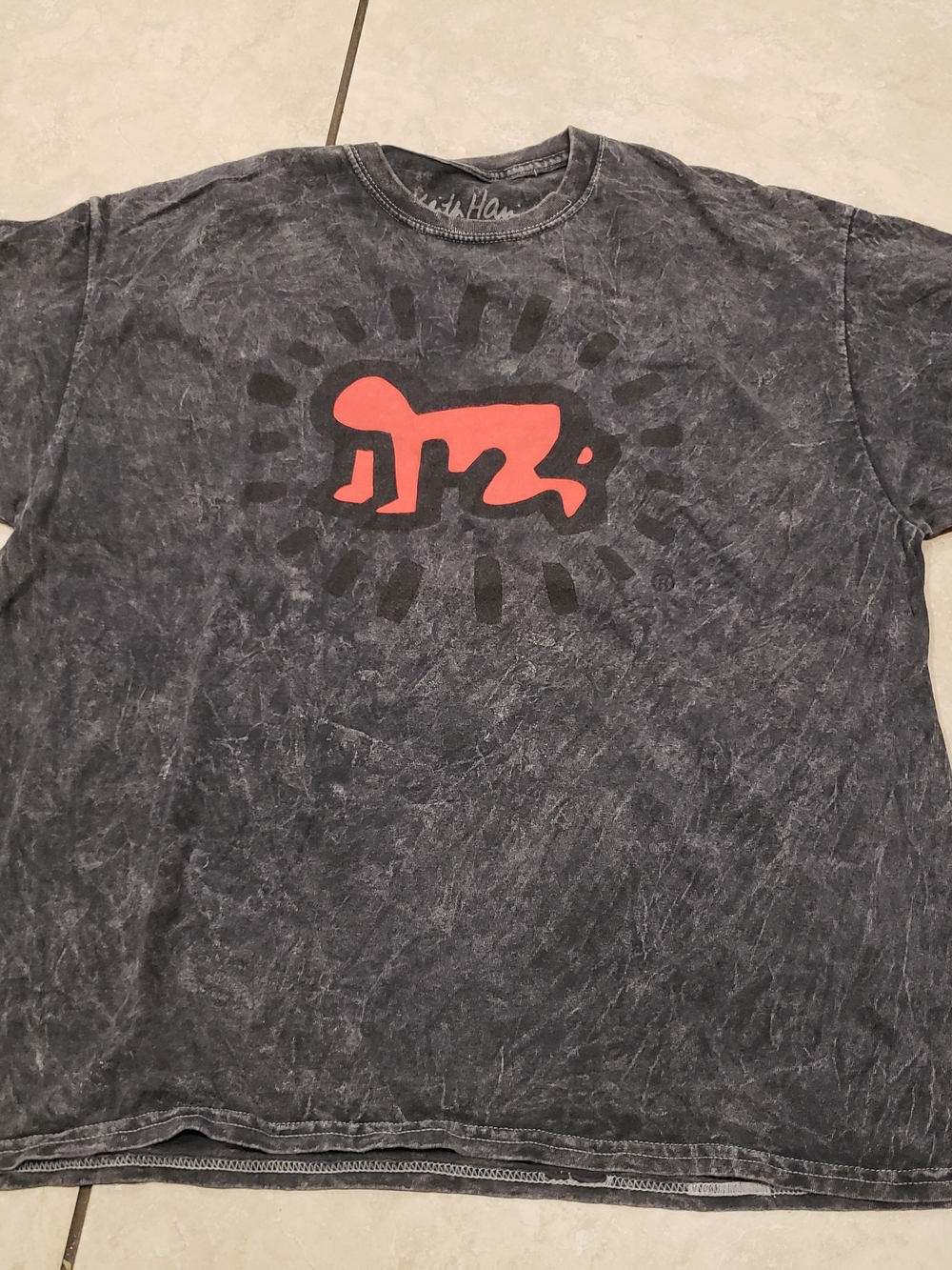 Vintage-Style Washed Black Graphic Tee with Red Motif